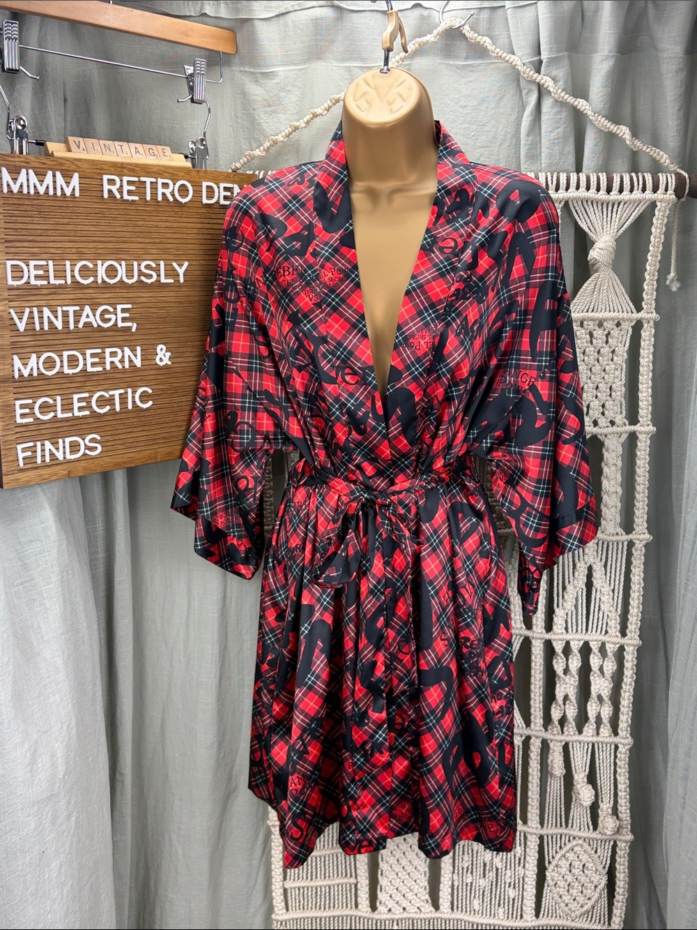 Victoria's Secret Red and Black Plaid Satin Wrap Robe